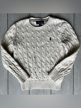 Polo Ralph Lauren Youth Cream Cotton Cable Knit Sweater Size Small 8 Cream Pony
